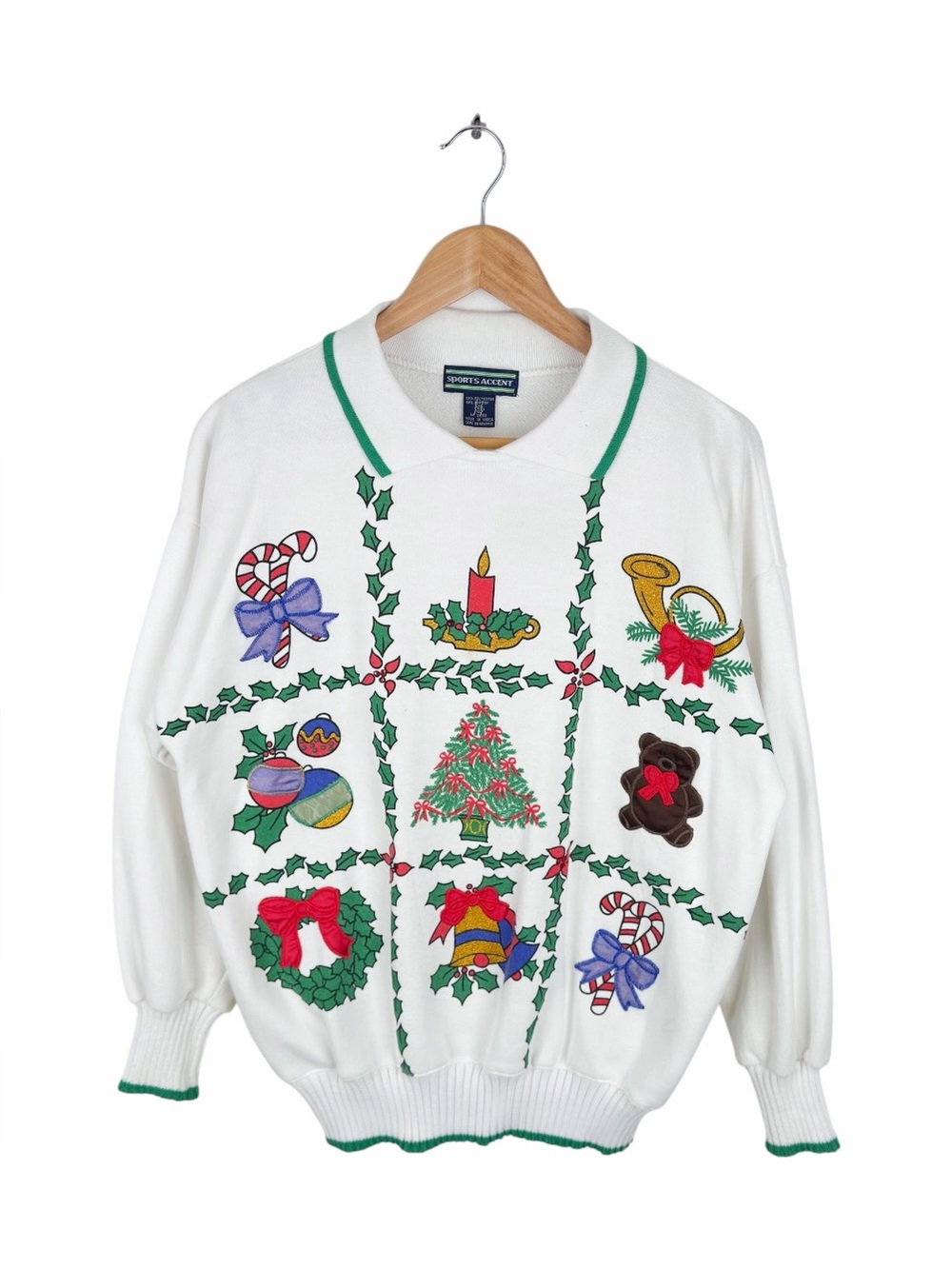 Women's Small Christmas Holiday Sweatshirt Embroidered Festive Collared‎ Vintage